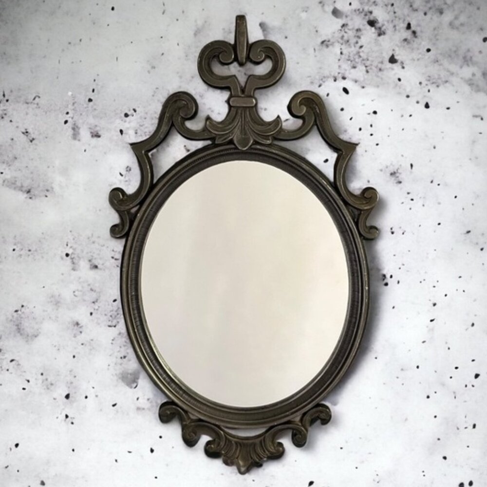 Vintage Gothic Pewter Metal Oval Wall Mirror MCM Victorian